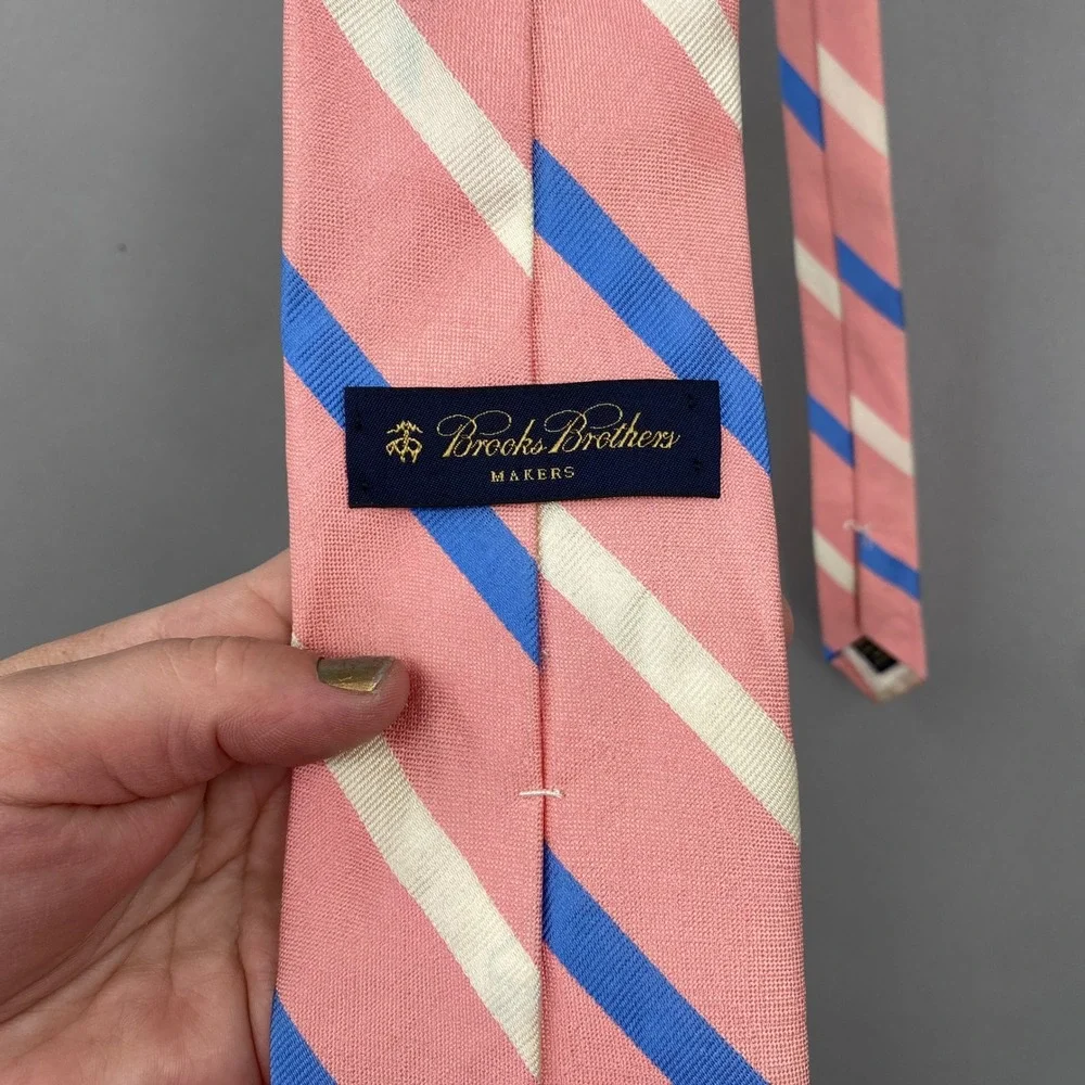 Brooks Brothers Makers Necktie Tie Pink Blue Cream Silk Rep Stripe USA Preppy
